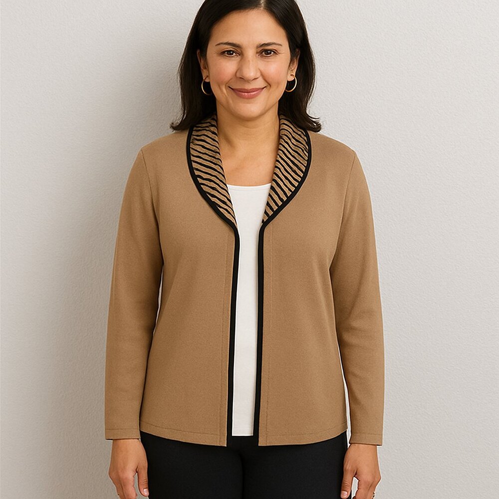 Ming Wang Open Front Knit Cardigan Blazer Animal Print Trim Neutral S